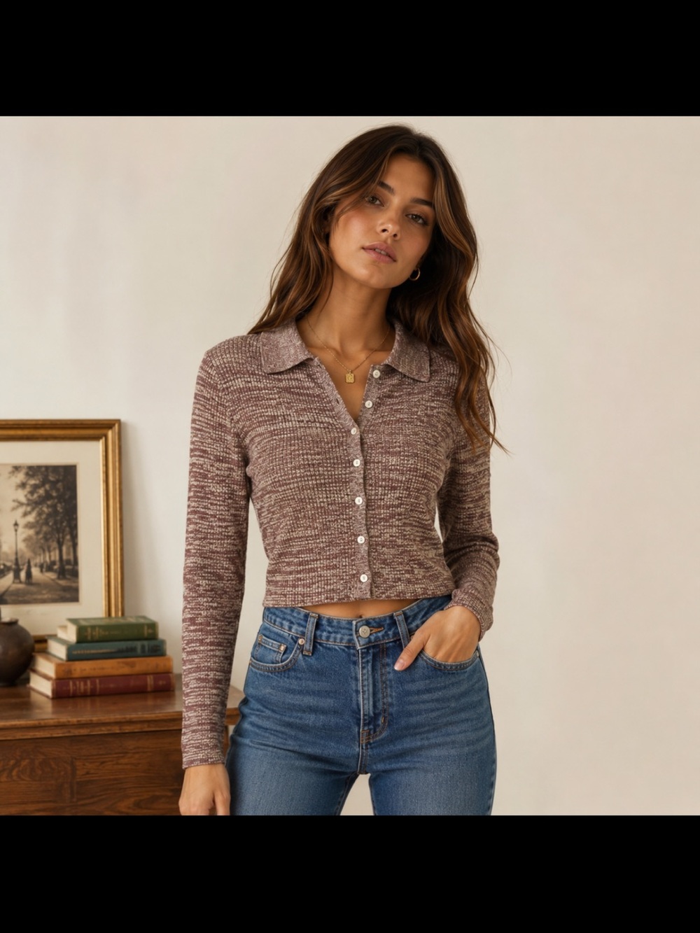 Glamorous Women’s US 8 Brown Marled
Knit Cropped Collared Cardigan Button Front